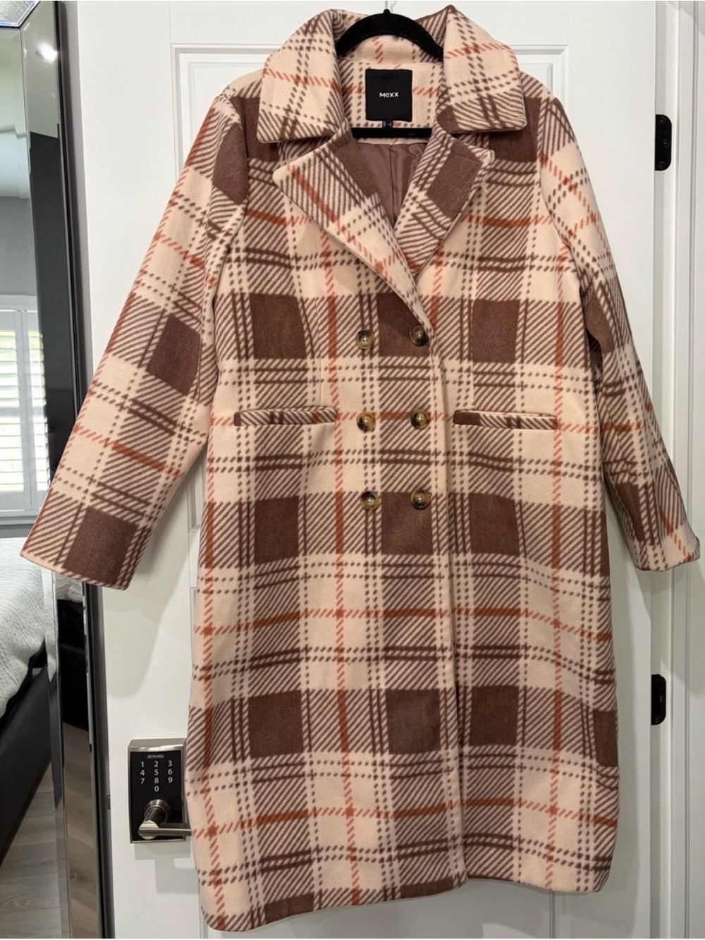 Mexx Double-Breasted Plaid Pea Coat in Cream, Brown & Rust